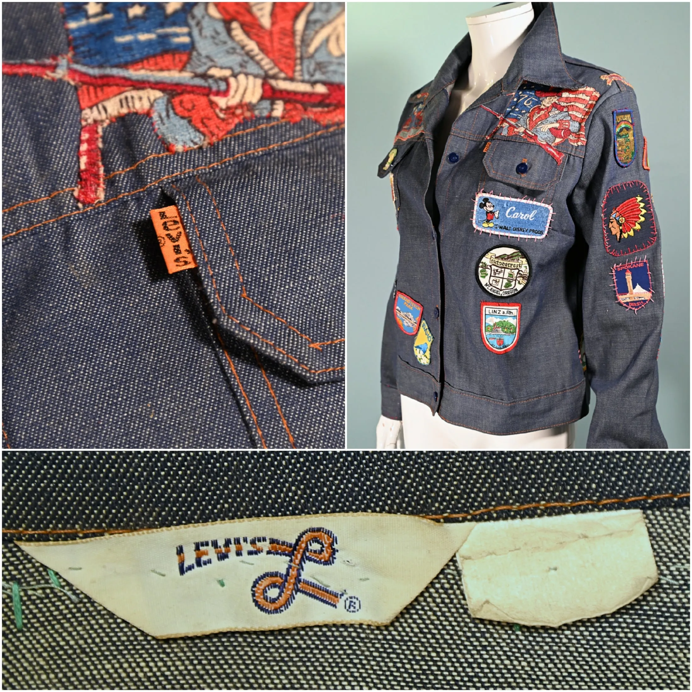 SOLD Vintage 70s Levis Denim Jacket, Travel Souvenir Patches, Oregon Disneyland OOAK M/L