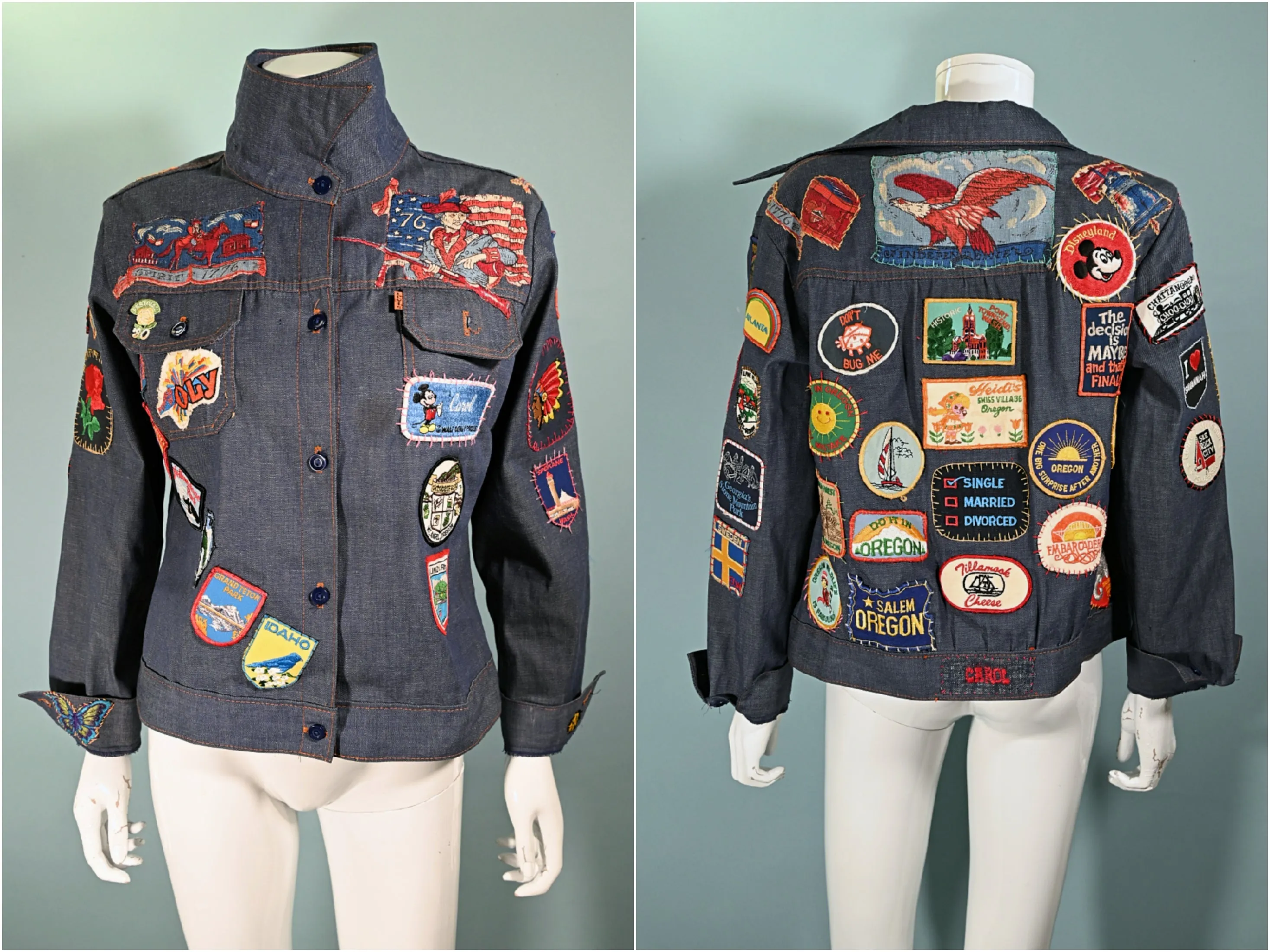 SOLD Vintage 70s Levis Denim Jacket, Travel Souvenir Patches, Oregon Disneyland OOAK M/L