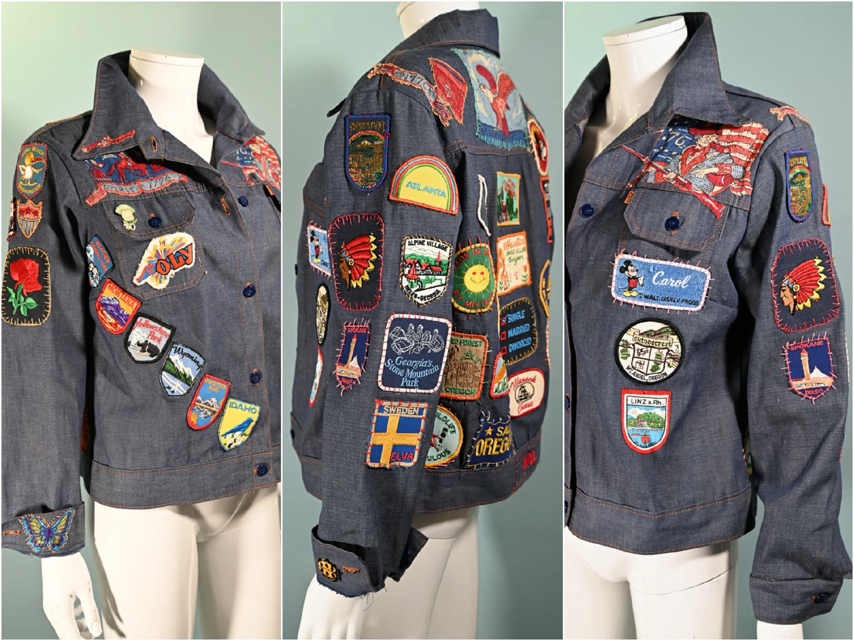 SOLD Vintage 70s Levis Denim Jacket, Travel Souvenir Patches, Oregon Disneyland OOAK M/L