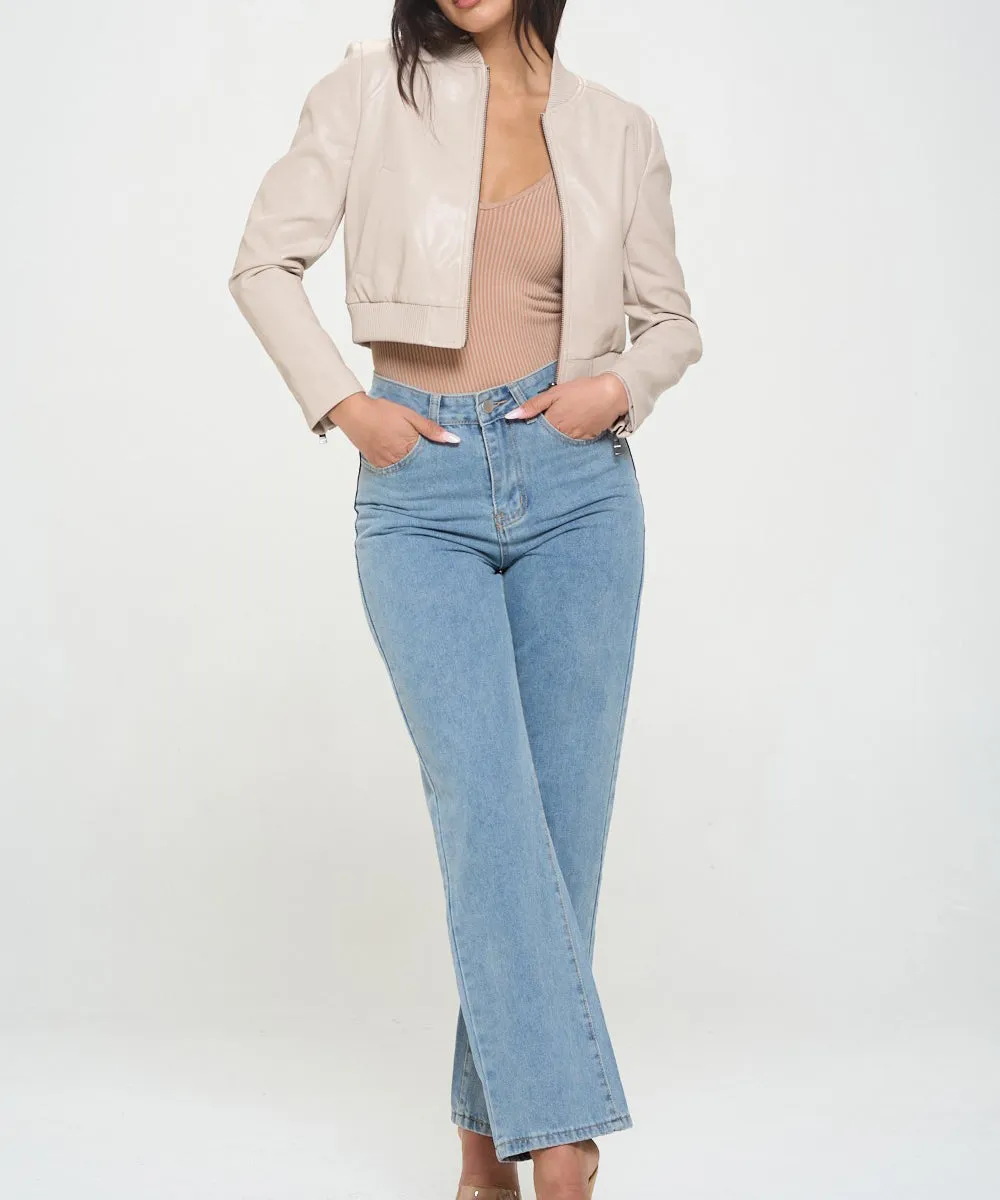 Vegan Leather Bomber Jacket - Cream