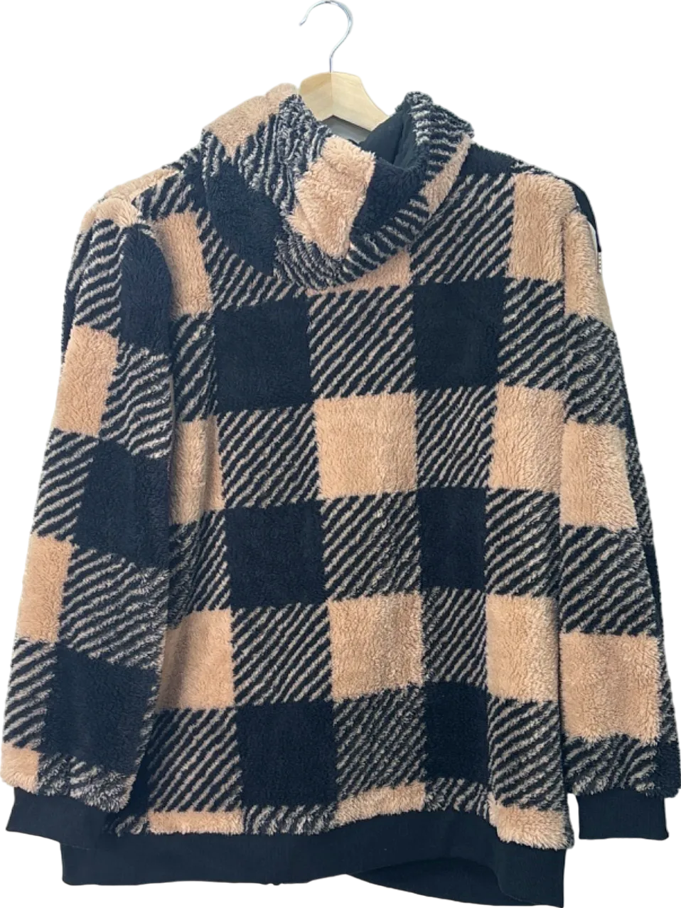 Yours Black/Beige Checked Teddy Hoodie UK 22-24